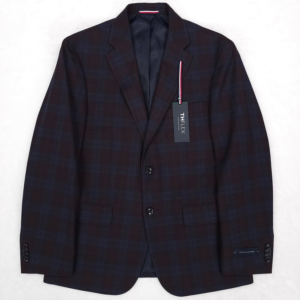 Tommy Hilfiger Mens Modern Fit Sport Coat Blazer 40S Wine Red Blue Plaid Stretch